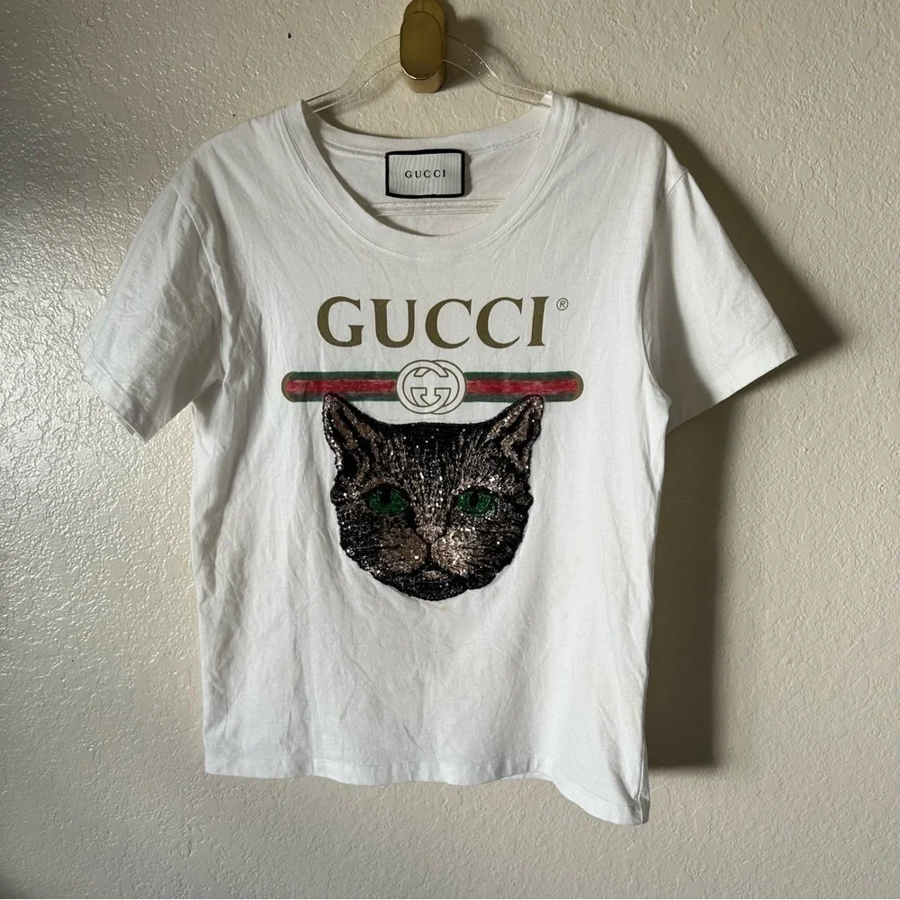 Authentic Gucci LOGO T-SHIRT WITH MYSTIC CAT IN WHITE size XS - Picture 2 of 10